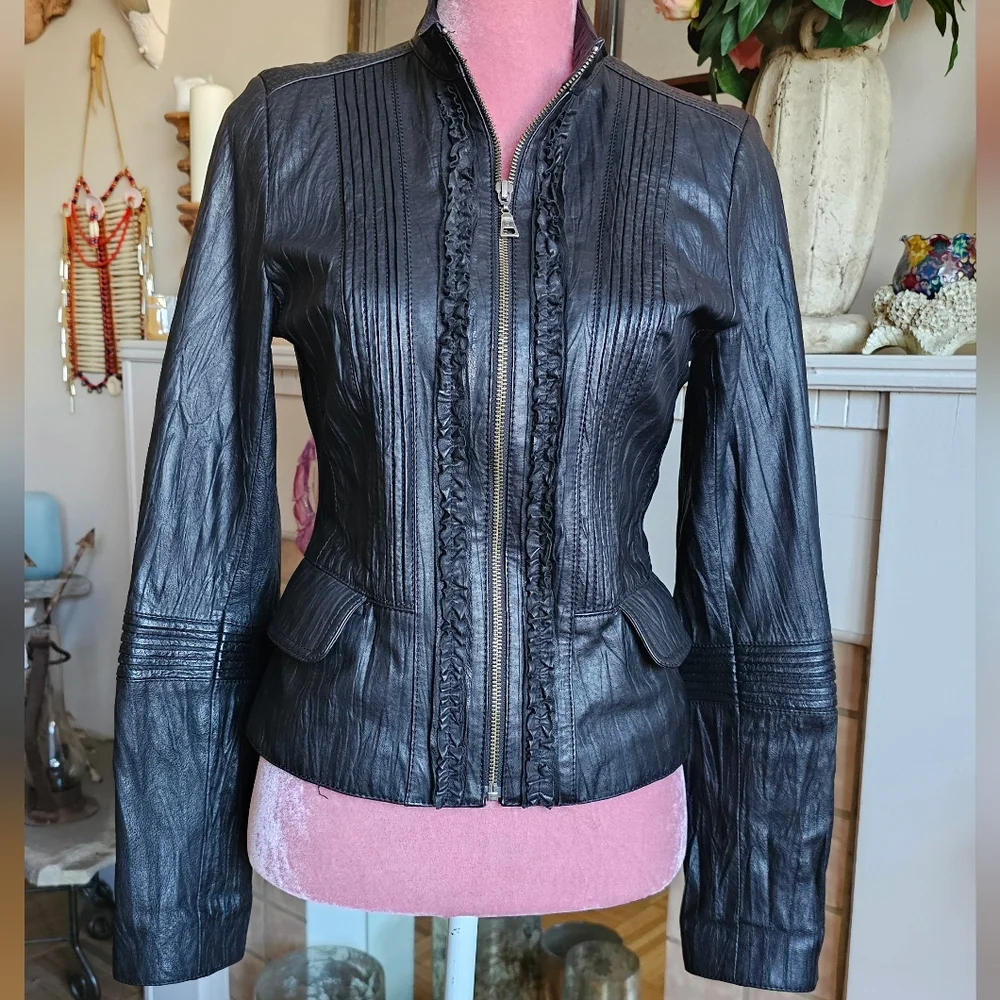 Danier Black Leather Bomber Jacket. Moto Jacket. - Picture 1 of 14
